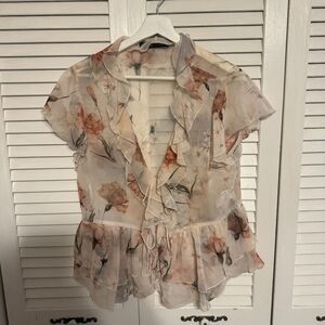 ZARA FLORAL SHEER ROMANTIC COTTAGECORE TIE FRONT BLOUSE‎ SZ L
